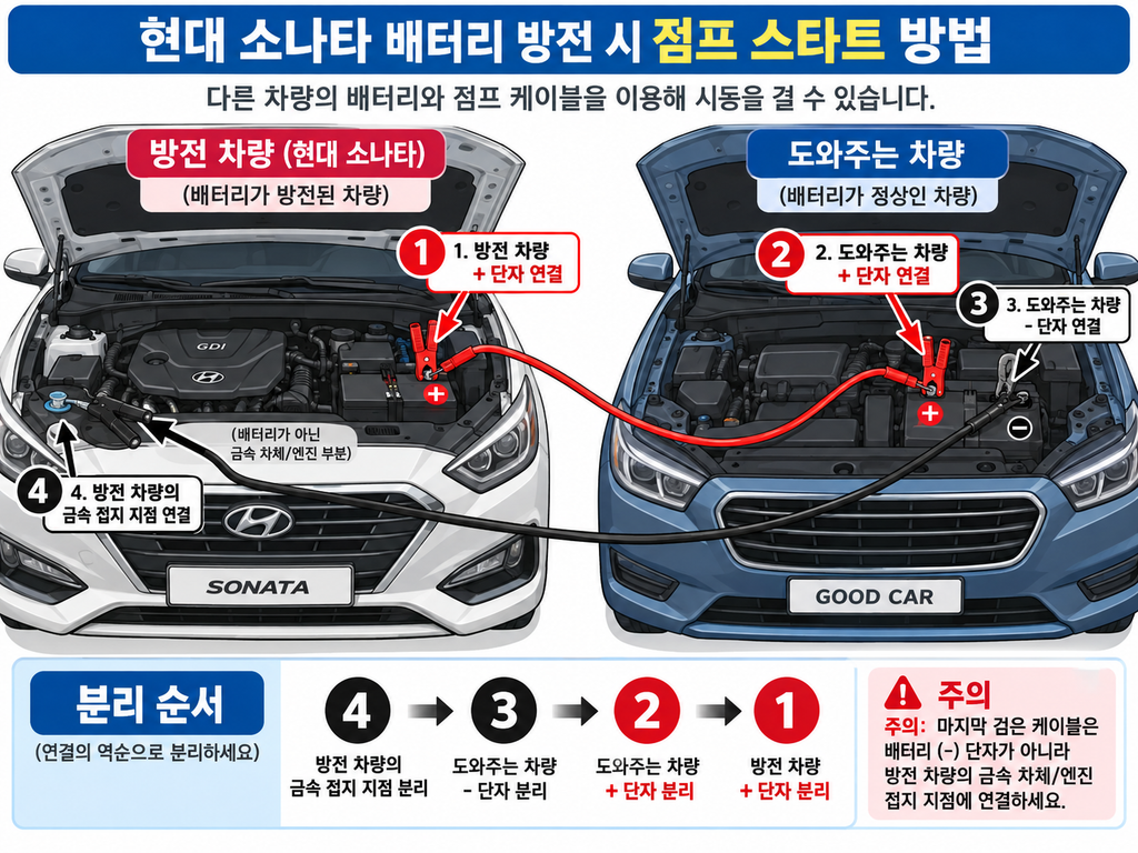 자동차 배터리 점프 케이블 연결 순서 - 방전차 양극, 구조차 양극, 구조차 음극, 방전차 접지
